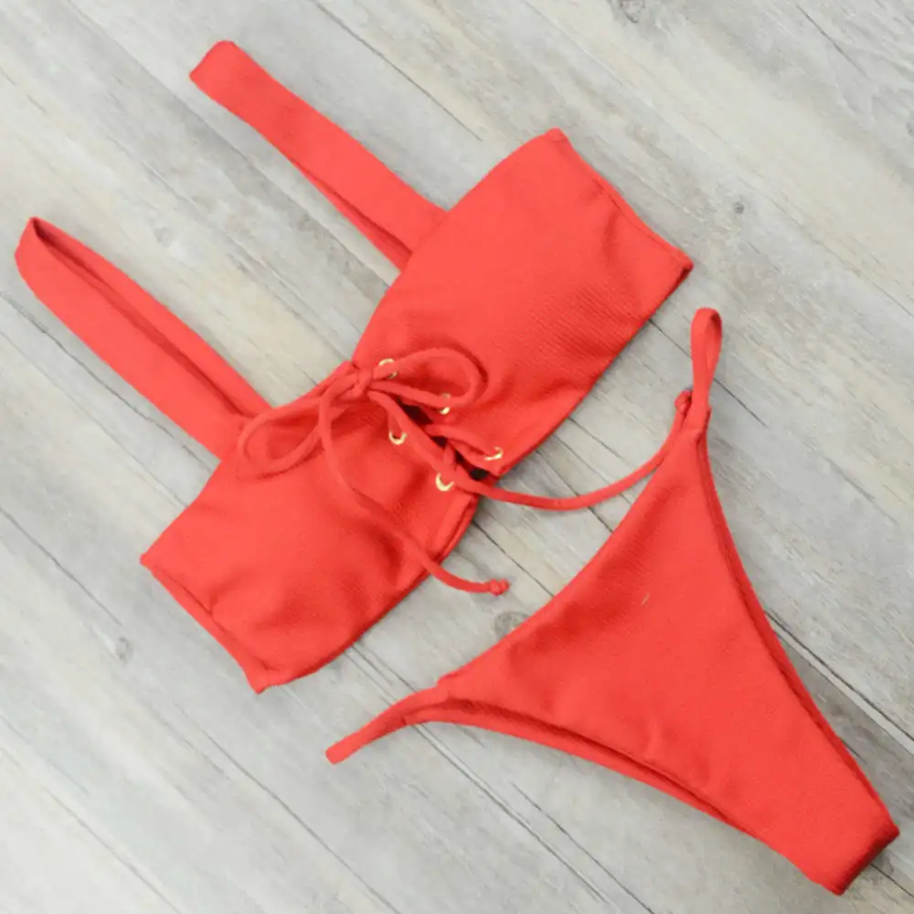 Sexy Rivet Bikini Women Solid Swimwear Red Swimsuit Brazilian Bikinis