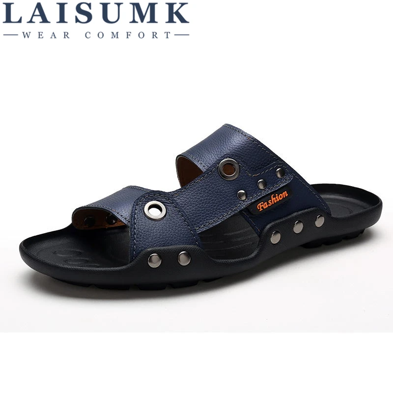 

LAISUMK Brand Summer Genuine Leather Men's Slippers 2019 Fashion Metal Buckle Non-slip Sandals Beach Shoes for Men