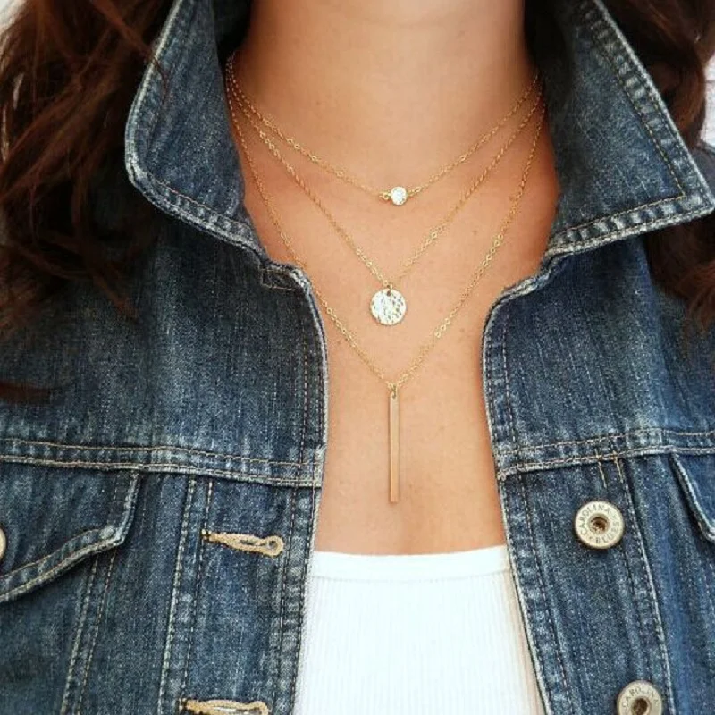

New Bohemian Multi layer Necklaces For Women Gold Color Crystal Disc Bar Choker Necklace Pendant Statement Jewelry