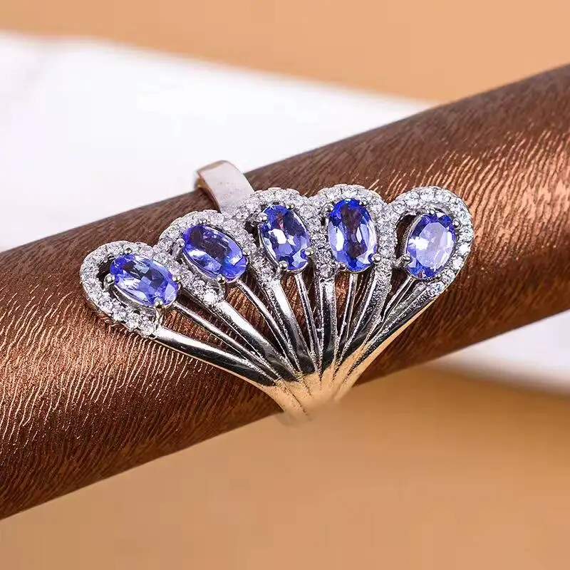 Новое модное серебряное танзанитное кольцо 5 шт. 4*6 мм натуральное VVS танзанитовое кольцо с драгоценным камнем твердое кольцо из стерлингового серебра 925 пробы танзанитное кольцо
