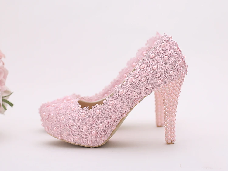 Women Fashion Sweet White red Flower Lace Platform High Heels Pearls rhinestone Wedding Shoes Bride Dress Shoes