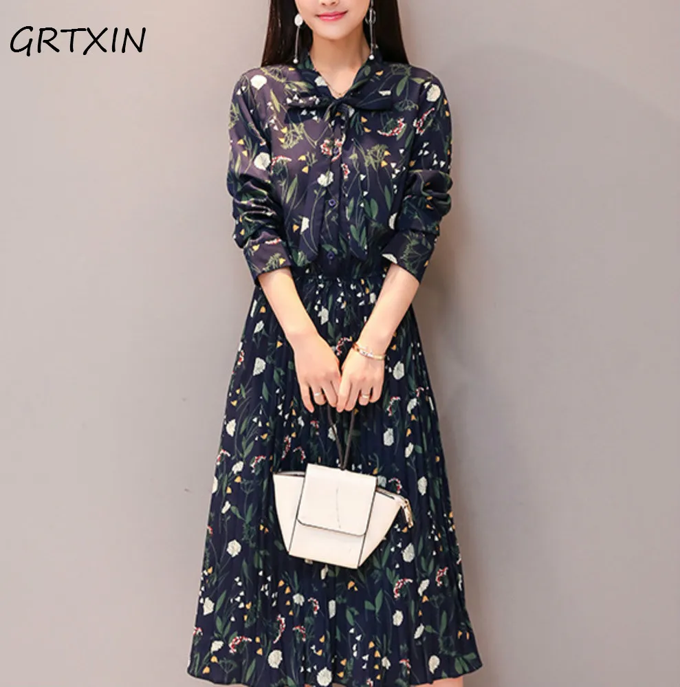 

Spring Autumn Women Chiffon Dress Round Neck Floral Print Ruffles Pleated Vestido Full Sleeve Elegant Cute Dress S-2XL