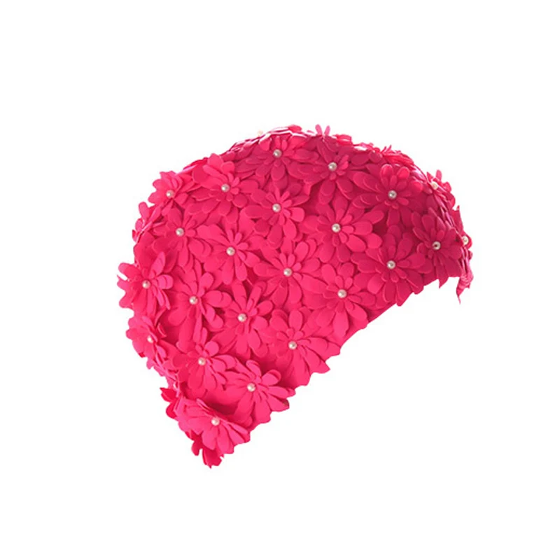 

2017 Handmade Pearl Women Adults Swim Pool Cap Colorful Flower Swimming Caps Flower Bathing Cap Protect Ears Hair Free Size 1PC