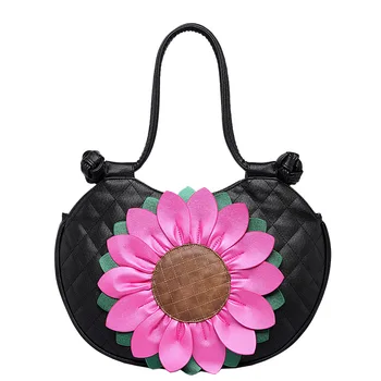 

Qiao Duo Ethnic Sunflower PU leather women shoulder bag Sweet Lady Leisure joker top-handle bags circular women 39 s handbags