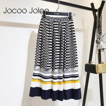 

Jocoo Jolee Women 2019 Fashion Pattern Long Skirts Casual High Waist Pleated Skirts Female Summer Vintage Striped Midi Shirt