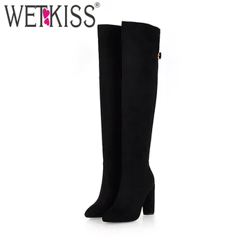 

WETKISS Winter High Heels Women Boots Pointed Toe Zip Flock Footwear Over The Knee Female Boot Shoes Women 2018 Plus Size 46