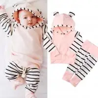 Одежда для новорожденных девочек розовый полосатый топ с капюшоном и длинными рукавами, рубашка длинные штаны комплект повседневной одежды из 2 предметов