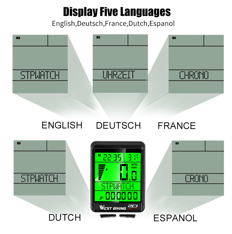 WEST BIKING Велосипедный компьютер Спидометр 5 язык беспроводной Велосипедный светодиодный одометр секундомер водонепроницаемый велосипедные компьютеры