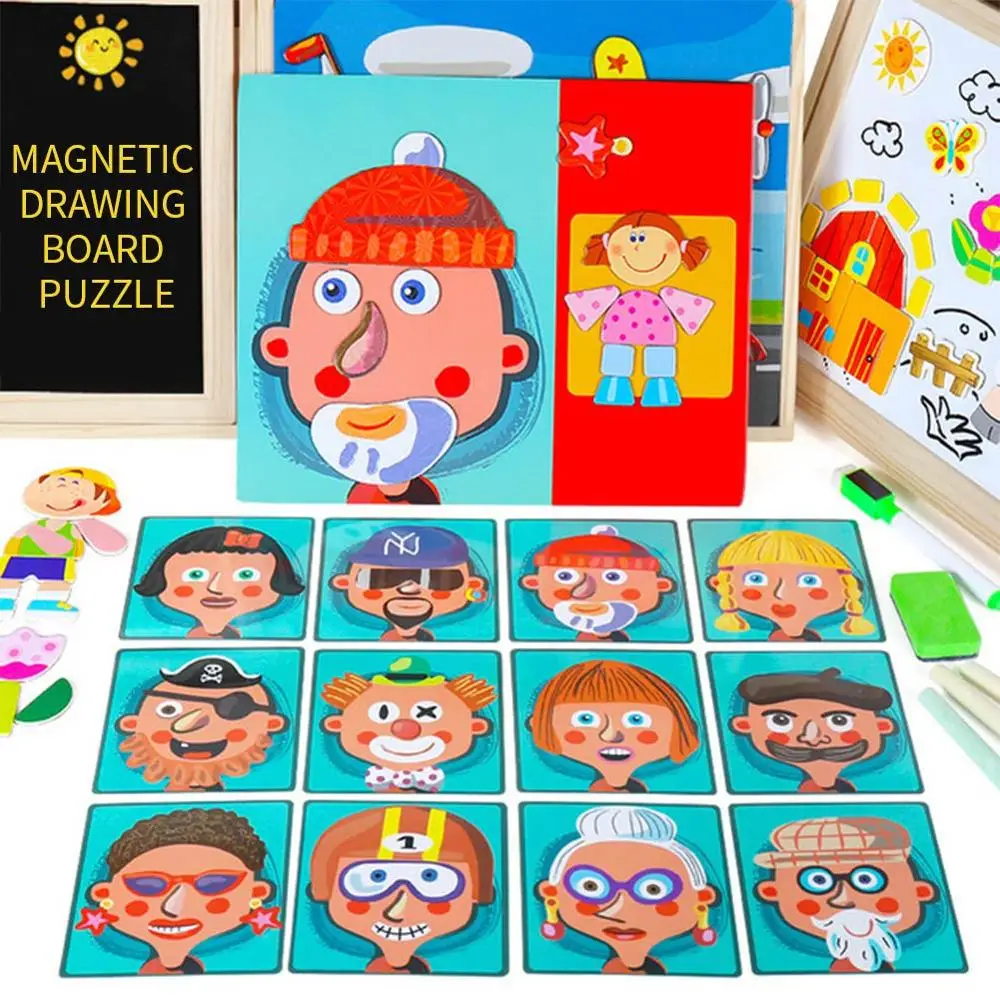 

Wooden 3D magnetic puzzle stereoscopic human face animals baby dressup wood kids educational development toys for children gifts