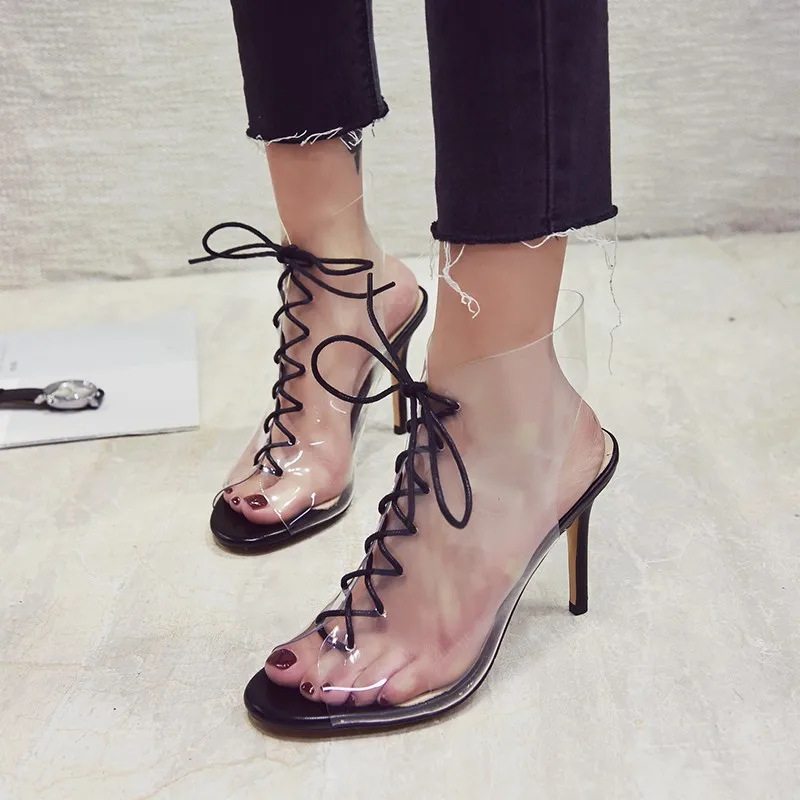 

Super High Heels 10cm Fashion Women Sandals Lace Up Peep Toe Clear Pvc sexy banquet Transparent Pumps Female sandals