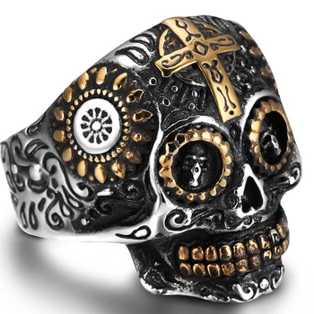 

Size 7-15 Stainless Steel Biker Skull Cross Ring Two-Tone Cocktail Party Motorcycle Halloween Punk Rock Birthday Children Gifts