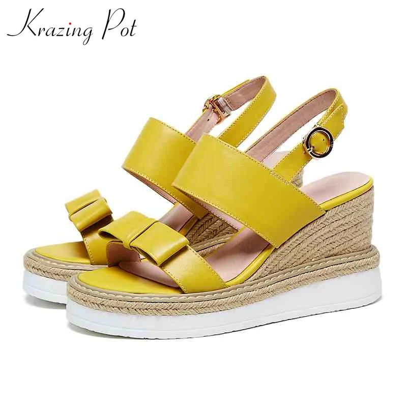 2018 New Arrival Cow Leather Peep Toe Bowtie Platform Wedge Women Sandals Elegant Straw High 