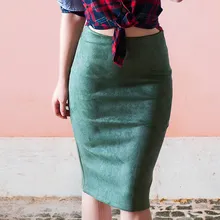 SheBlingBling Empire Skirts Spring Faux Suede Pencil High Waist Bodycon Split Thick Stretchy Sexy Skirts Knee