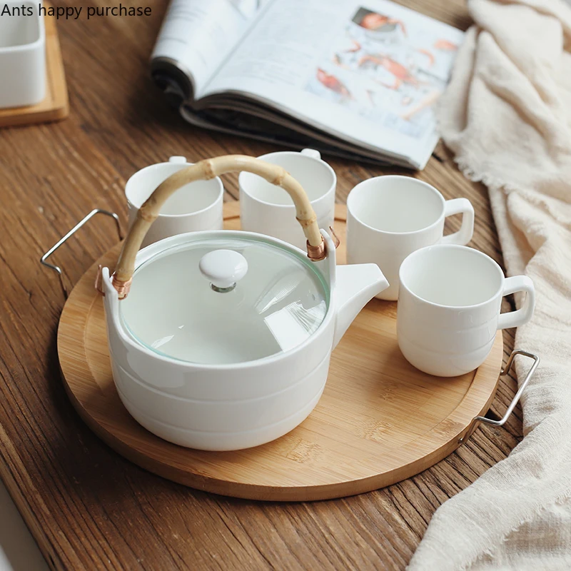 

6pcs/set Kung Fu Tea Set White Ceramic Teapot Set Anti-scalding Double Cup Japanese Style Tea Set Cold Kettle Gift