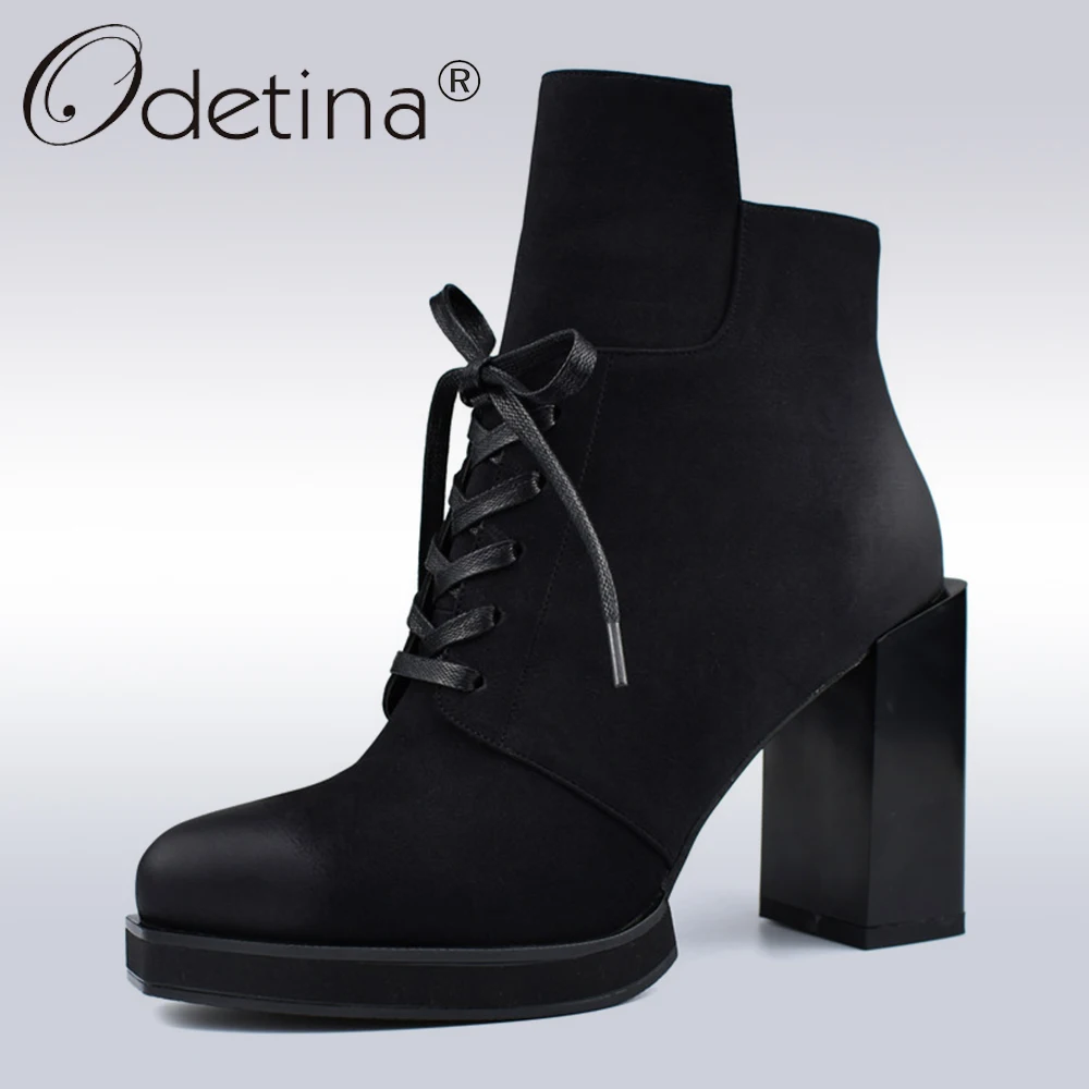 Platform Ankle Boots Women Lace Up Square Heels Women Plush Booties Autumn Winter Shoes
