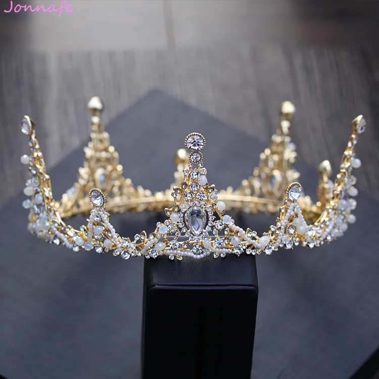 

Jonnafe Gold Color Women Prom Round Crown Baroque Bridal Tiara Wedding Accessories Hair Pieces