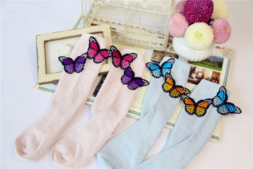 11 цветов. Шикарная уличная одежда, женские блестящие носки, серебристая вышивка, 3D цветные носки с бабочками. Элегантные женские носки
