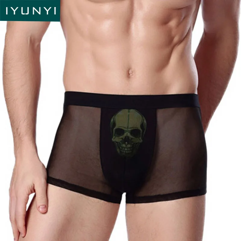 

IYUNYI Men Underwear Boxer Shorts High Quality Mesh Breathable Underpants Men Fashion Skull Printed Panties Thin Male Panties
