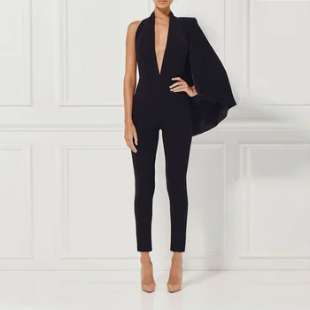 

Hot Sale 2019 High Quality Bodycon jumpsuits Sexy Deep V-neck Backless Elegant Women Night Club Black Jumpsuit Wholesale
