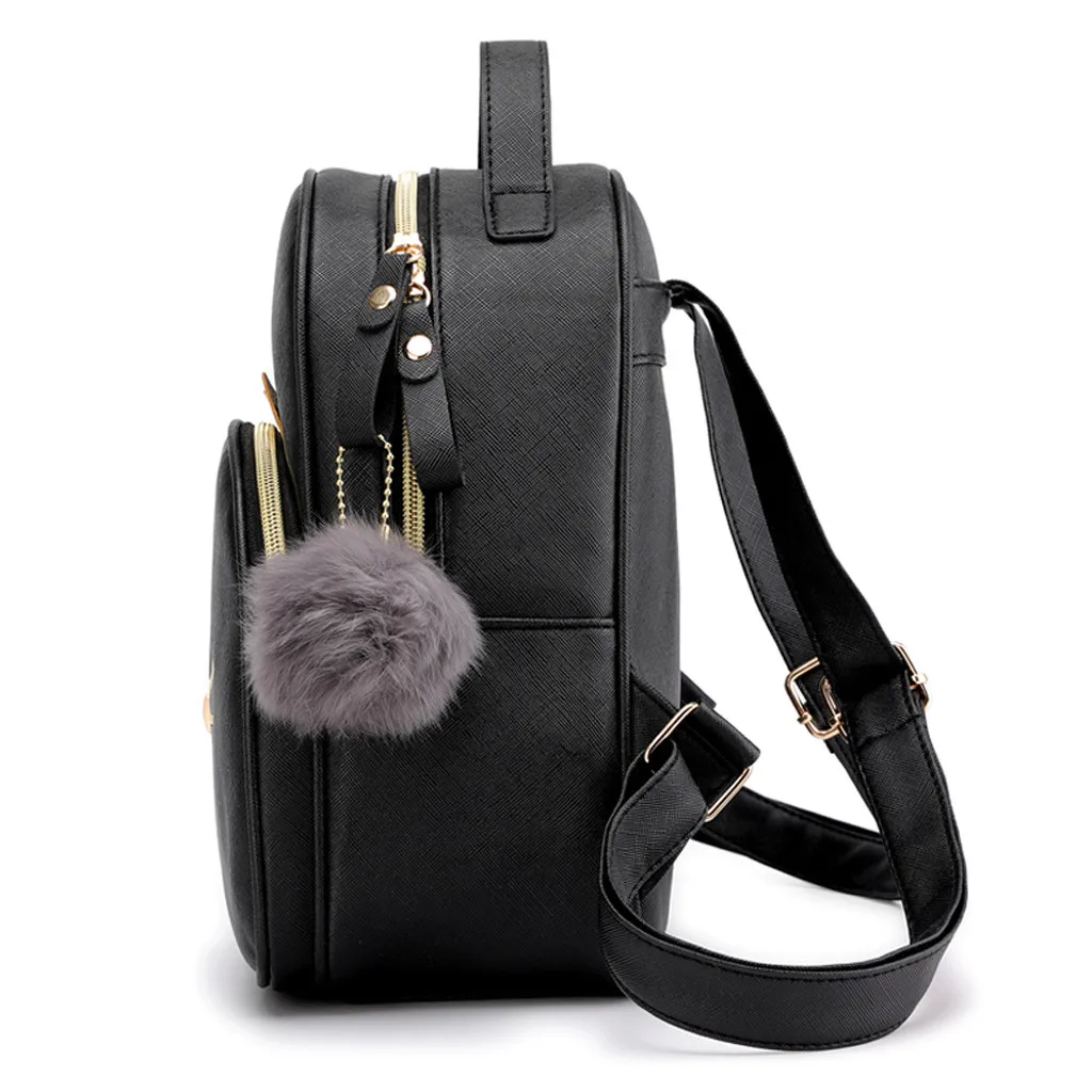 Школьный рюкзак с кошкой, женский рюкзак из искусственной кожи, женский рюкзак с милыми ушками и меховым помпоном, маленькая дорожная сумка для девочек, Sac A Dos