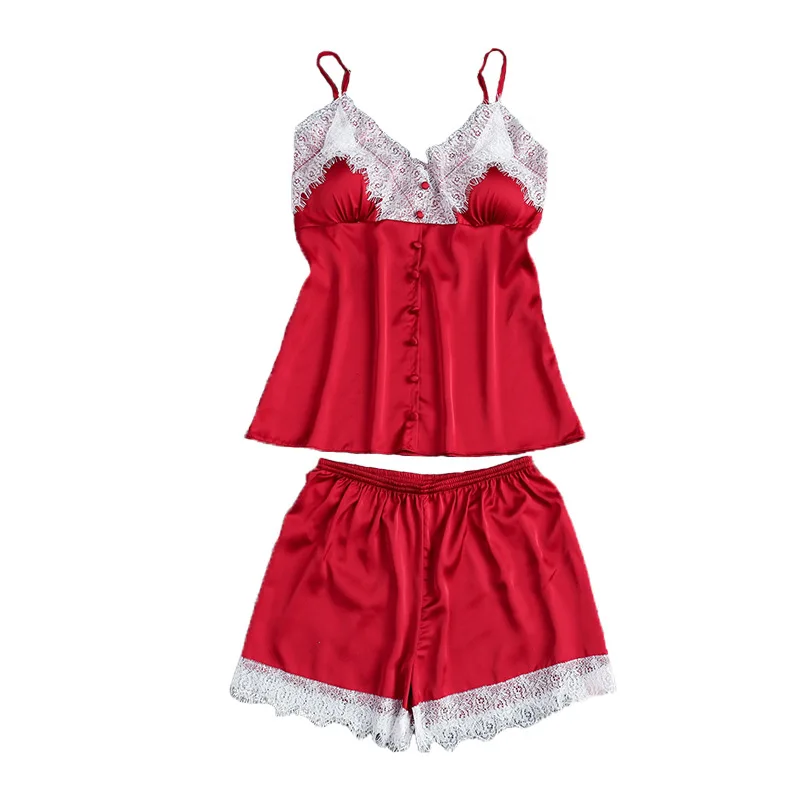 

Women Sleepwear Sexy Satin silk Pajama Set Lace V-Neck Sleeveless Pyjamas Lingerie pijama mujer 2019 Summer New home clothes