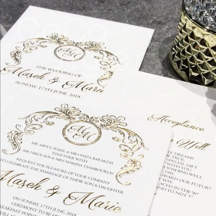  Cocostyles personalized elegant single hardcover wedding invitation with gold foiling for modern we - 32878416358