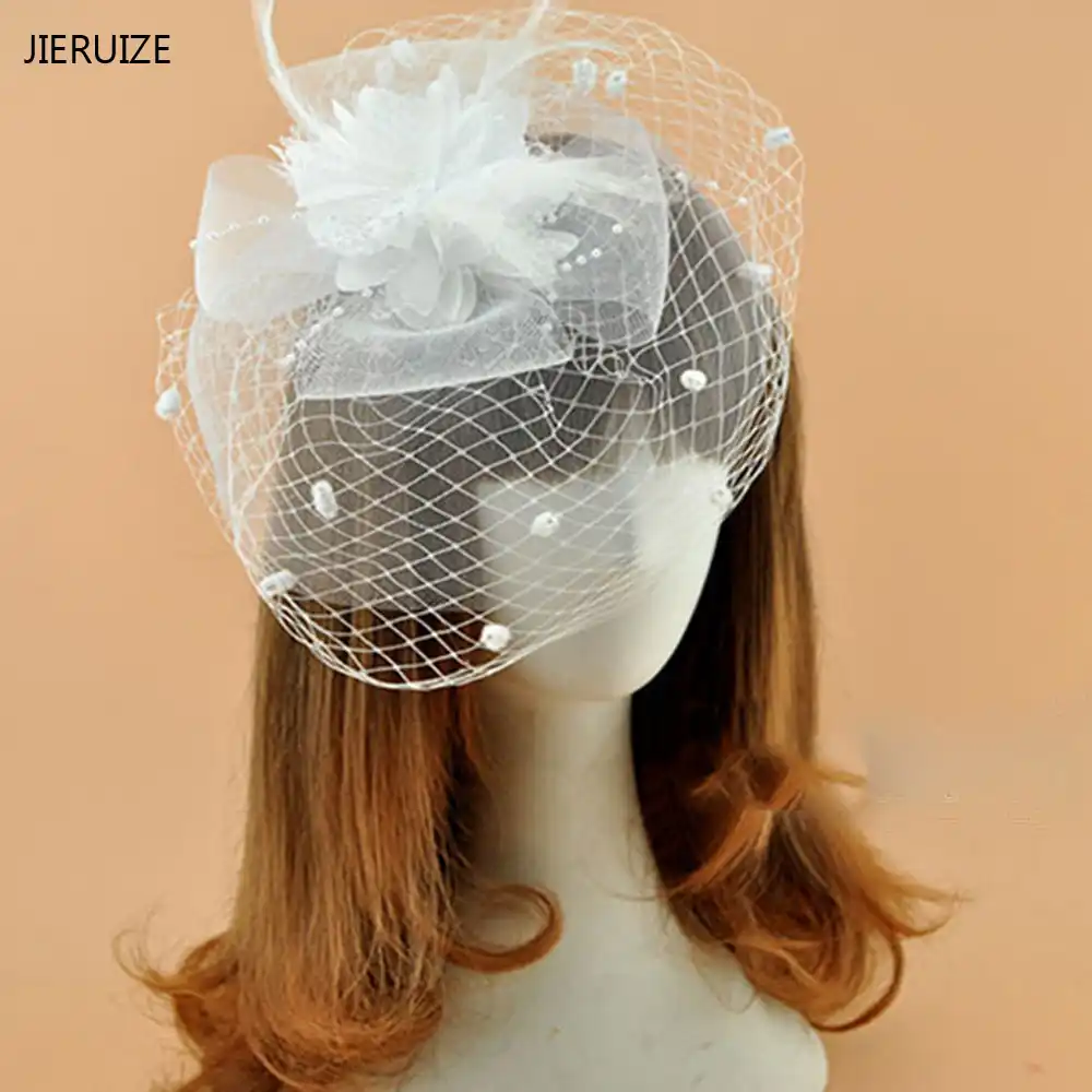 JIERUIZE Iovry, белая, черная, Красная клетка для птиц, сеточка, свадебная вуаль, Фата для лица, перо, цветок, с заколками, бесплатная доставка - изображение