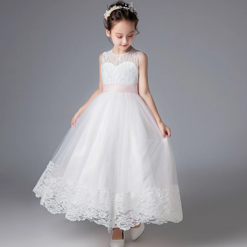 

POSH DREAM White Lace Flower Girls Wedding Dresses for Party Pink Belt White Baby Girls Baptism Tutu Dress Kids Birthday Clothes