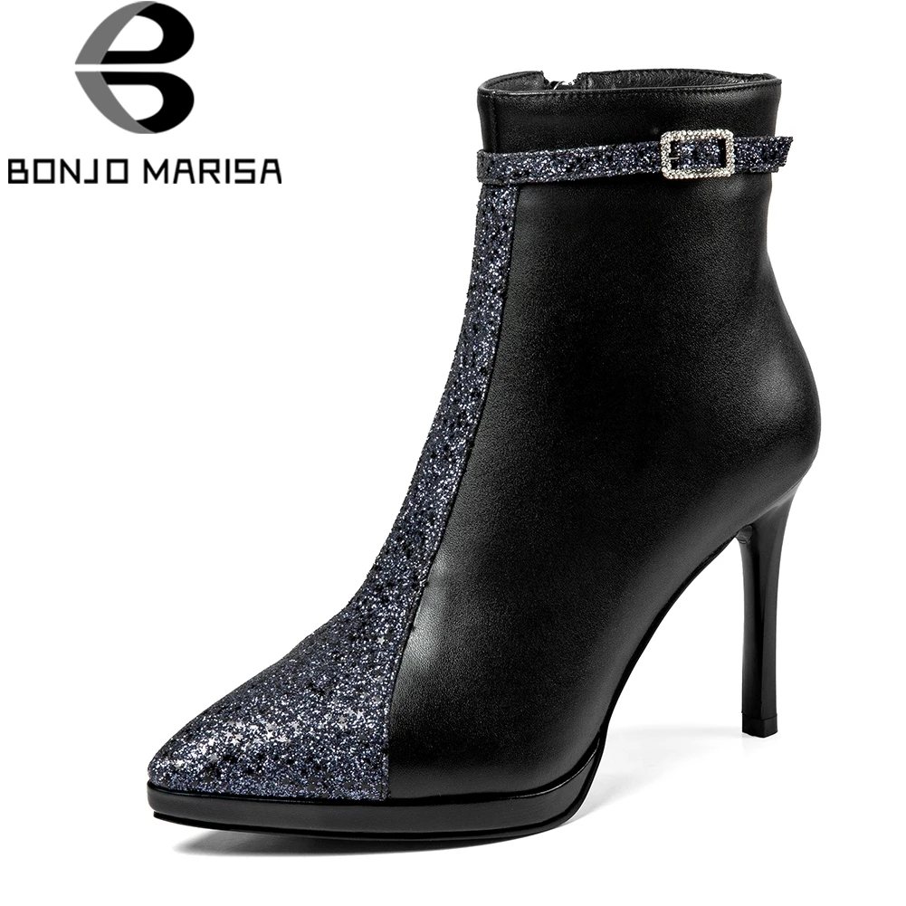 

BONJOMARISA 2019 Autumn Fashion Ankle Boots Women Genuine Leather Party Pointed Toe Boots Female Glitters High Heels Shoes Woman