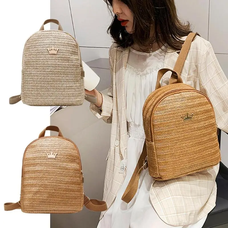 

Straw Woven Travel Backpacks Women Crown Decor Design Shoulder School Bags Crown Decor Knapsack Preppy Style Knitting Rucksack