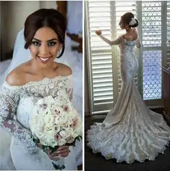 Vestido de noiva sereia/Новинка 2020, свадебные платья с длинными рукавами и вырезом лодочкой, жемчугом и кружевом, свадебные платья