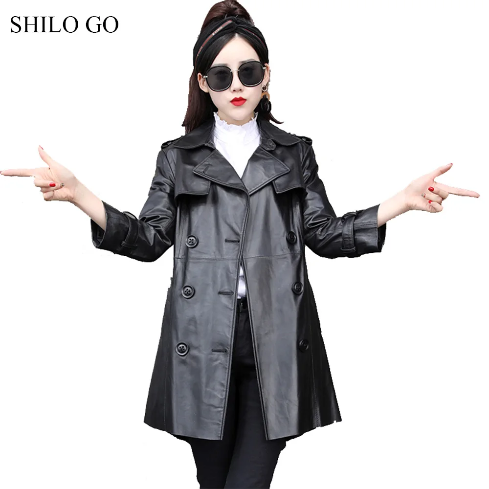 Trench Mouton À De Manteau Printemps Boutonnage Causal Revers Double Long Véritable Cuir Noir Peau Col Shilo Mode Aller Femmes En Lâche q6Xtz