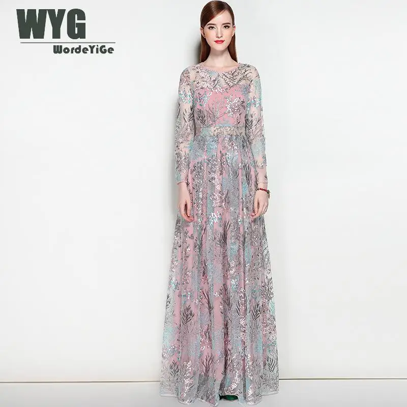 High Quality Runway Maxi Dress 2017 Autumn Floral Leaf Embroidery Elegant Long Sleeve Crochet Cuff Mesh Dresses For Women WYG long-floral-maxi