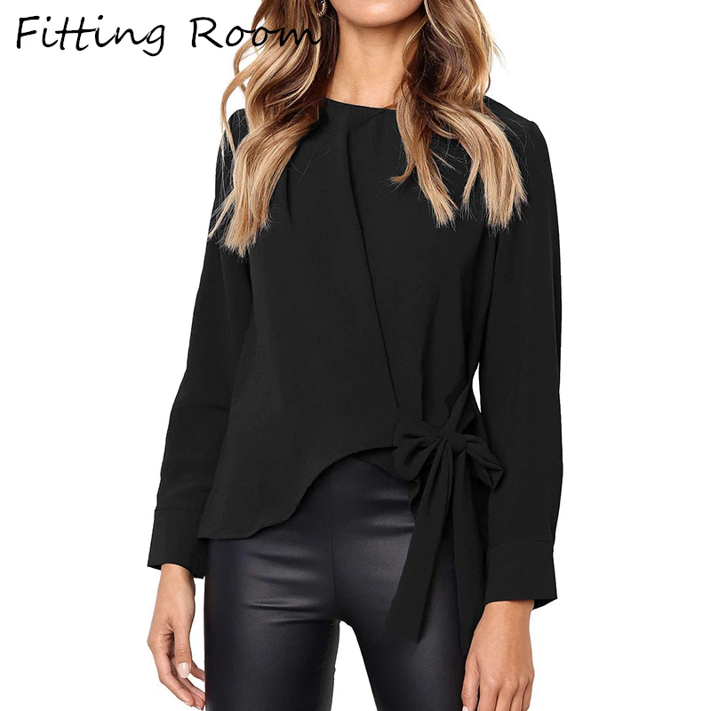 Women's Irregular Bow Tie O-Neck Blouses Casual Slim Long Sleeve Female Shirts Spring Autumn Fashion Solid Elegant Lady |