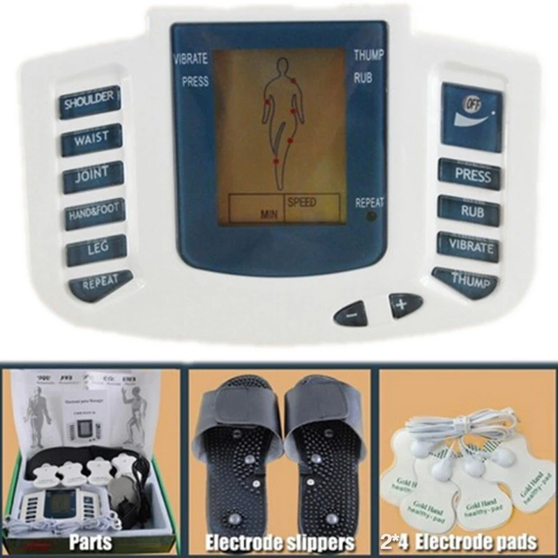 

Russian button Electroestimulador Muscular Body Relax Muscle Massager Pulse Tens Acupuncture Therapy Slipper+8 Pads+box