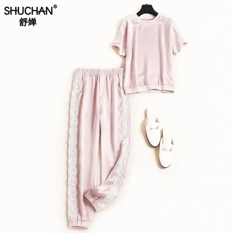 

Shuchan 2019 Designer 2 Pieces Set High Quality Office Lady Pullover Patchwork Lace+ Ankle-length Pants Elastic Waist 50769
