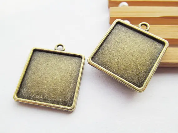 

10pcs Antique Bronze Square Base Setting Tray Bezel Pendant Charm/Finding,fit 20mm Square Cabochon/Cameo,Double Same side