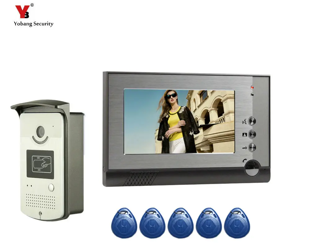

Yobang Security 7" LCD monitor Speakerphone Video intercom Color Video Doorbell Phone 5 pcs RFID card open the door bell