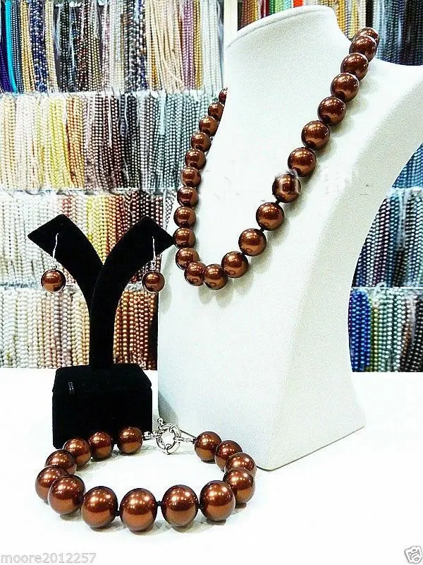 

Hot selling free shipping***** Big 14mm round chocolate South Sea Shell Pearl Necklace Bracelet Earring Set New