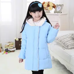 Девушки 2018 новый зимний сладкий с капюшоном длинные хлопка-проложенный одежды детей милые однотонные толстые сохранить WarmJacket