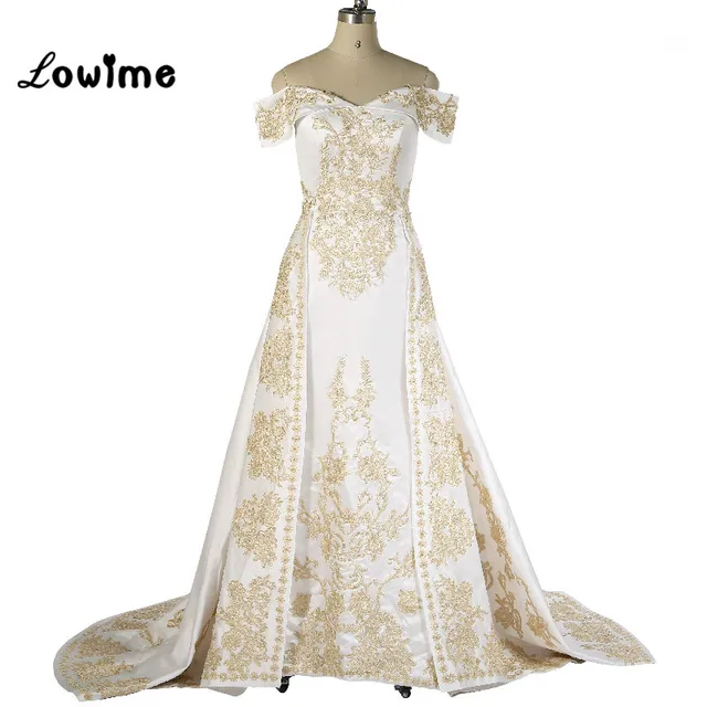 Long White Gold Lace Formal Evening Party Dress Arabic Style Turkish