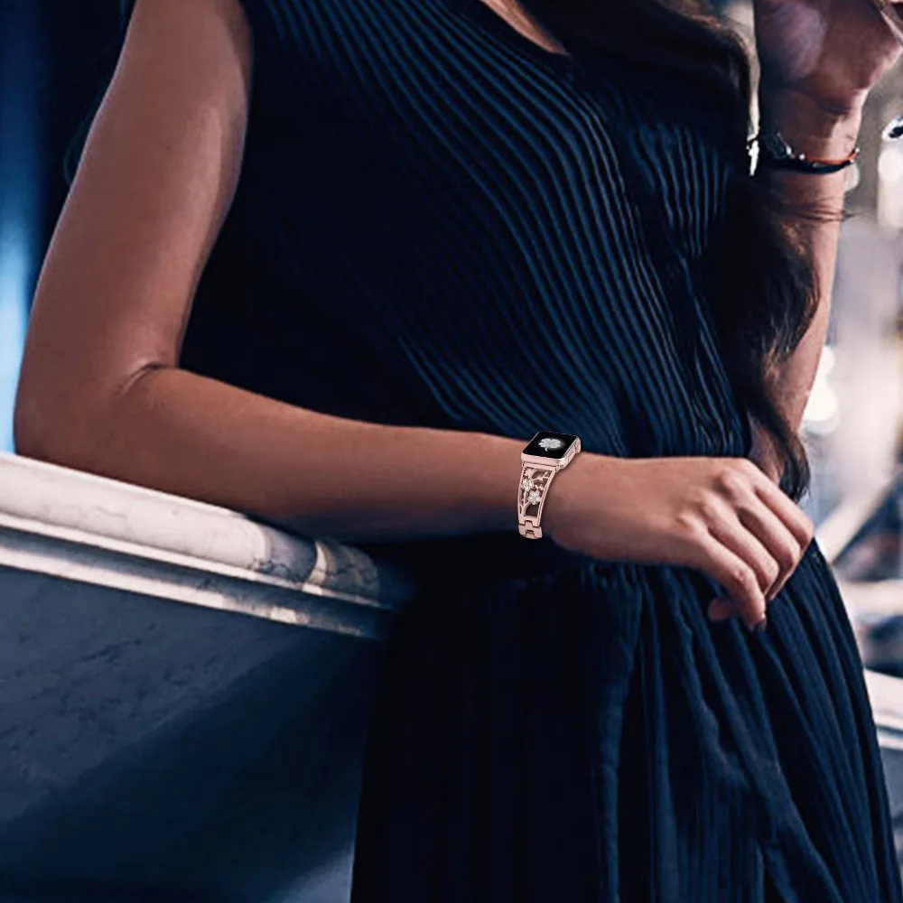 Часы с драгоценными камнями, часы-браслет, ремешок для iwatch браслет 38 мм 40 мм 42 44 мм сливы Нержавеющая сталь ремешок для наручных часов Apple Watch