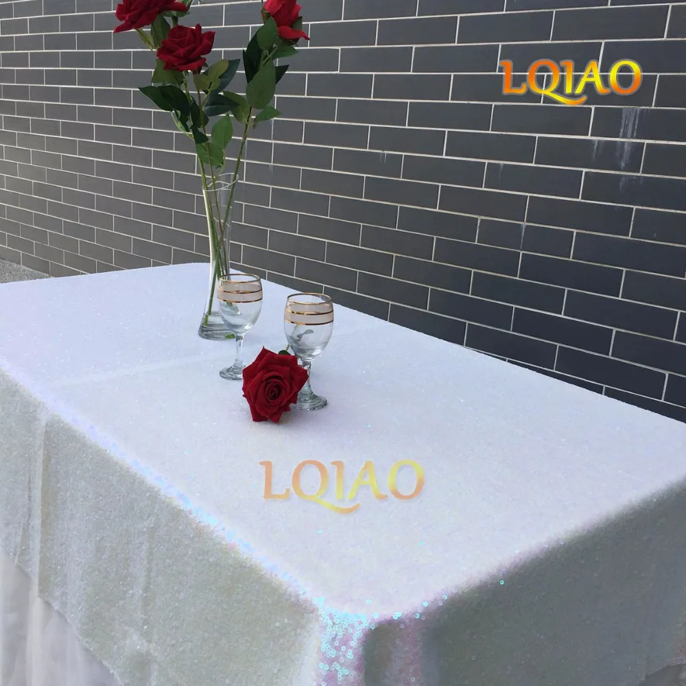 

LQIAO 120x400cm Glitter Sequin RECTANGULAR Tablecloth Overlay-Iridescent White Sequin Table Cloth for Wedding Christmas Decor