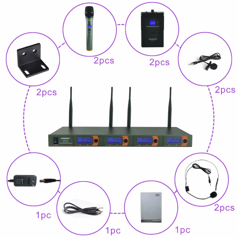 FB-V04H2 RU/BR/US Warehoue профессиональный микрофон VHF KTV вечерние микрофонные системы 2 ручные и 2 гарнитуры беспроводной микрофон для караоке