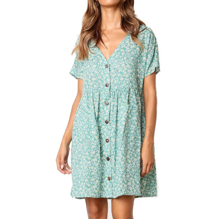 

Green Floral Printed Summer Women Dress 2019 New Brand Single Breasted Buttons Loose Dresses Ladies Bohemian Mini Sundresses