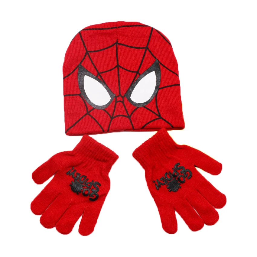

Unisex Child Spider-Man Beanies Hat+Gloves 2 Pieces Set Kid Cartoon Design Knit Cap Glove Winter Warm Set Baby Boy Girl Hat S