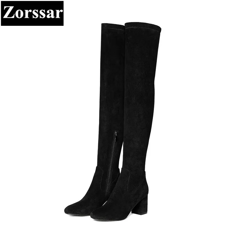 

{Zorssar} 2018 New winter fur Women shoes Round Toe Thick heel Knight boots Kid Suede High heels womens over-knee snow boots