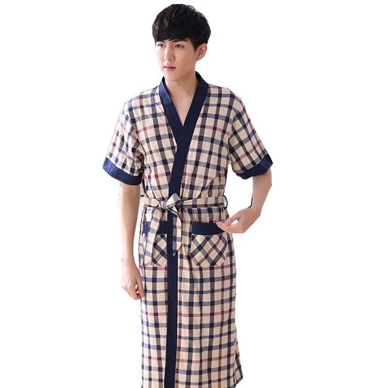 2017 Summer 100 cotton Mens Bath robe male knee Length sleepwear