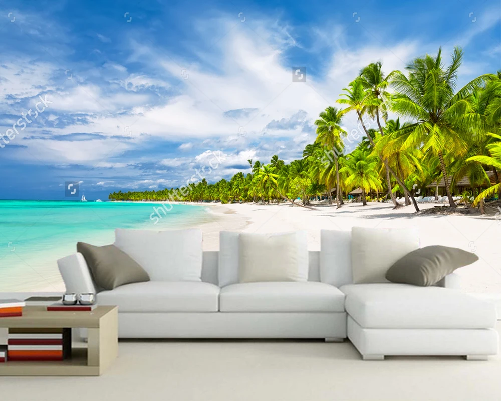 Обычай украшения дома обои, кокосовые пальмы на белый песчаный пляж, природный ландшафт для гостиной спальня фоне