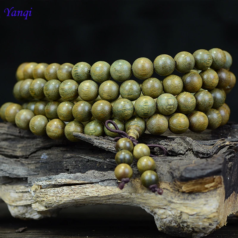

Yanqi Buddhist 6mm8mm 108 Natural Green Sandalwood Prayer Malas Bracelets Fragrant Wooden Verawood Beads Necklace Men Bracelet